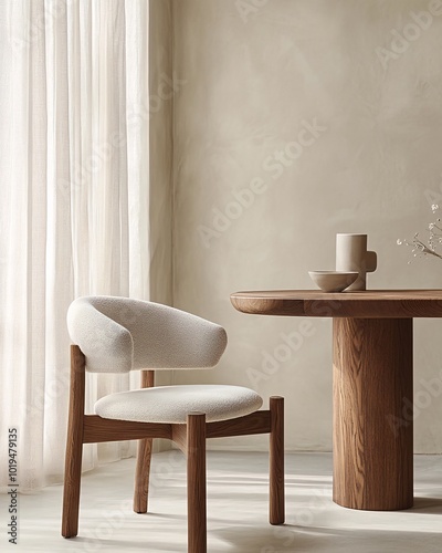 A white upholstered chair with a wooden frame sits next to a round wooden table with a single vase and a bowl on top.