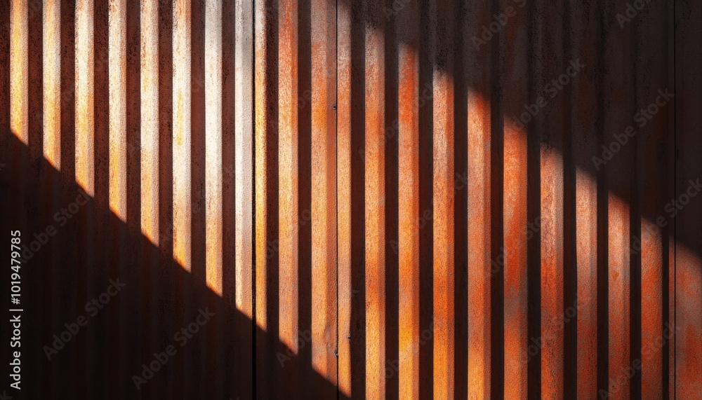 Sunlight casts a diagonal shadow on a rusty corrugated metal wall. Sunlight casts a diagonal shadow on a rusty corrugated metal wall.