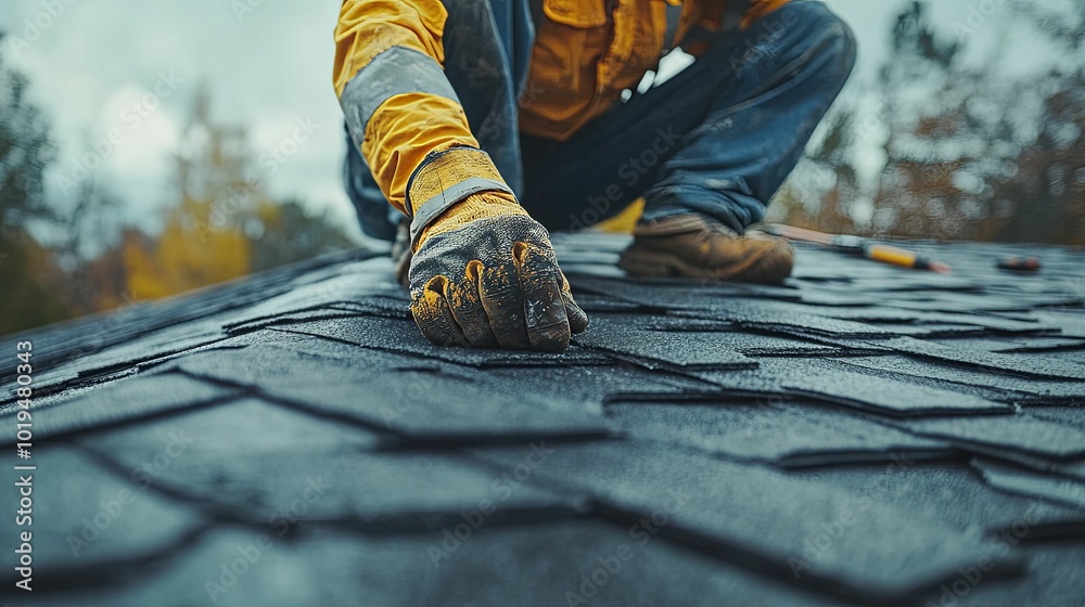 Close-up of a Construction Worker's Gloved Hand on a Shingle Roof Close-up of a Construction Worker's Gloved Hand on a Shingle Roof