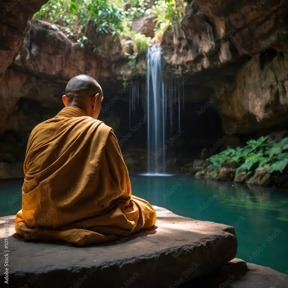 A monk meditating peacefully in the serene atmosphere of Seokguram Grotto.