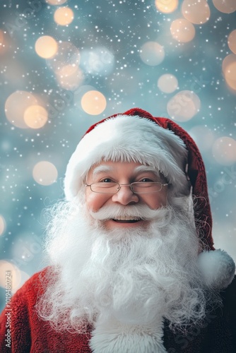 Joyful santa claus against a blurred bokeh background with room for christmas message