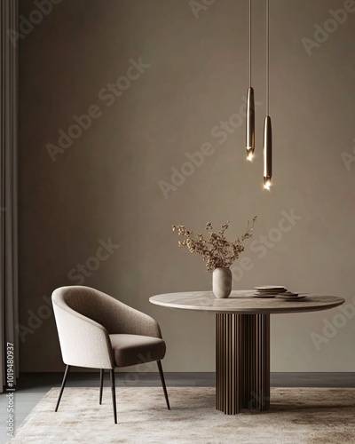 Minimalist dining room interior with a round table, a chair, a vase with dried flowers, and two pendant lights.