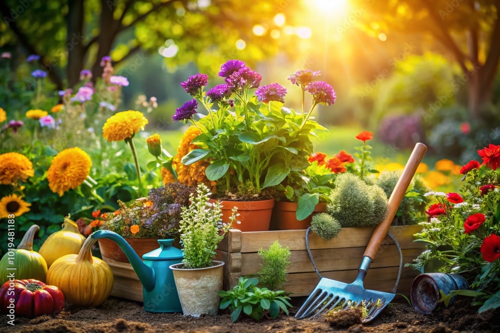 Fototapeta premium Vibrant Community Garden Clipart Illustrating Diverse Plants, Flowers, and Gardening Tools for Projects