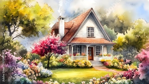 country house with flowers and trees