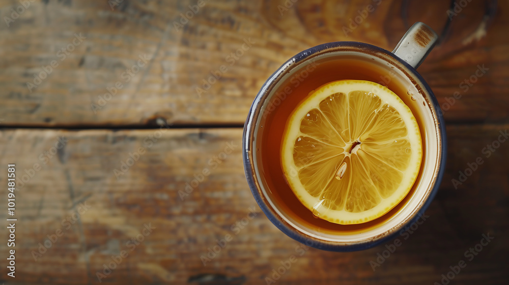 Cup of tea with lemon slice on wooden table, copy space Cup of tea with lemon slice on wooden table, copy space
