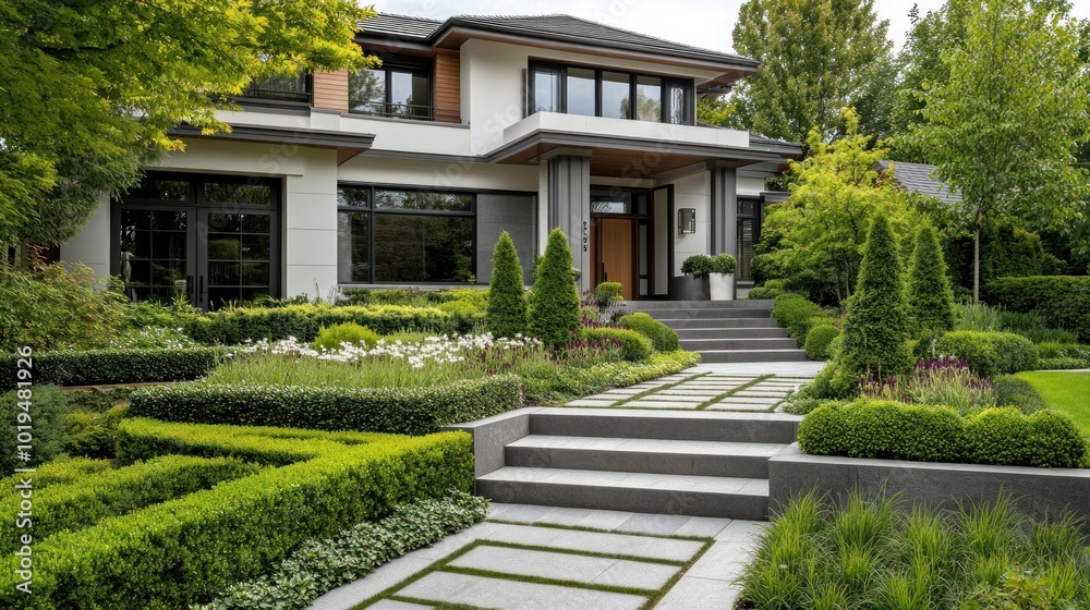 Modern house with landscaped garden featuring steps, greenery, and decorative plants. Modern house with landscaped garden featuring steps, greenery, and decorative plants.