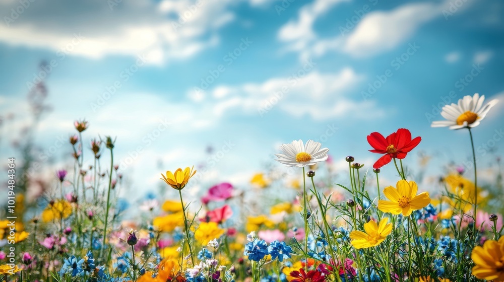 Colorful Wildflowers in a Field Against a Blue Sky Colorful Wildflowers in a Field Against a Blue Sky