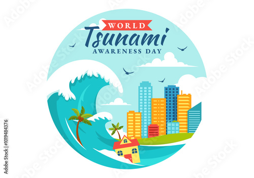 World Tsunami Awareness Day Vector Illustration on November 5, featuring Waves Crashing into Houses, Trees, and Buildings in a Flat Style Background