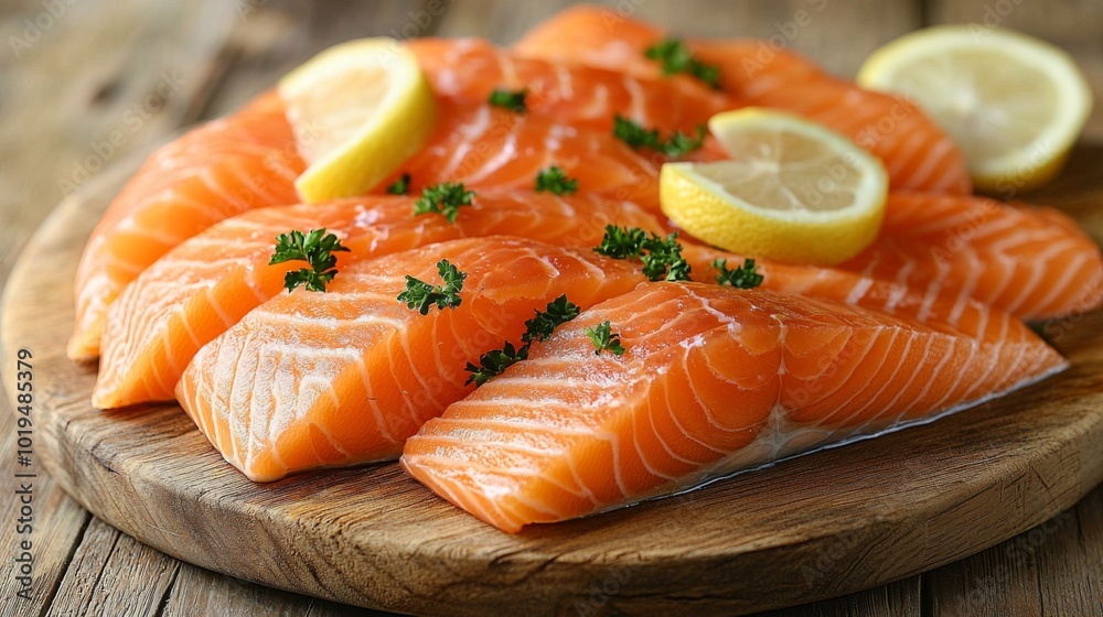 Traditional Norwegian smoked salmon in slices with parsley and lemon served as a close-up on a rustic wooden chopping board with text space Traditional Norwegian smoked salmon in slices with parsley and lemon served as a close-up on a rustic wooden chopping board with text space