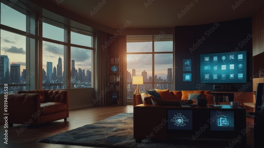 Fototapeta premium Modern living room with smart home technology and a stunning city view.