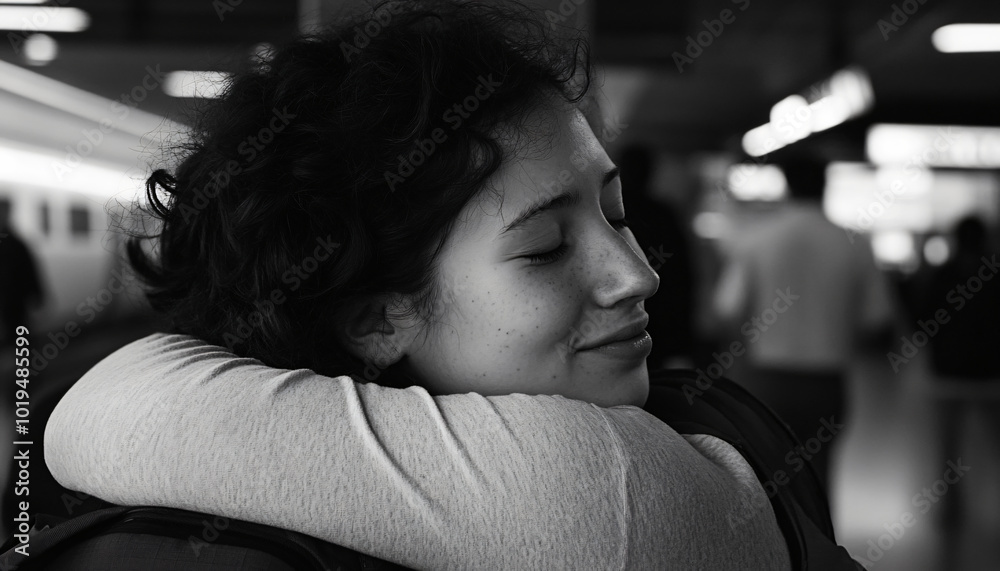 Fototapeta premium Emotional goodbyes at airports or train stations, focusing on connection and separation