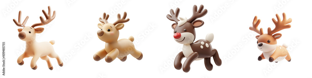 Obraz premium PNG 3d icons and objects collection Cute cartoon reindeer figures in various poses and colors, perfect for festive themes, on transparent, white background, isolate