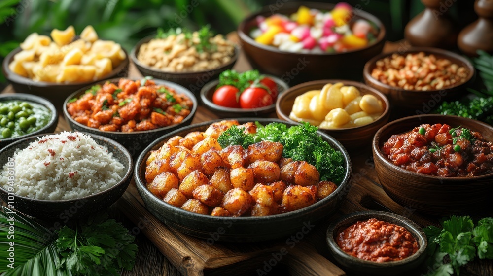 A vibrant spread of diverse dishes arranged for a feast.