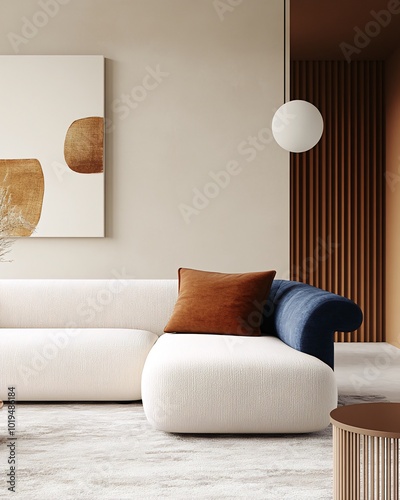 Modern living room interior design with white sofa, blue and brown pillows, and beige wall.