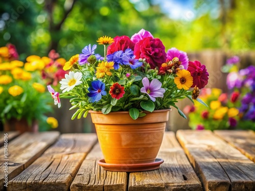 Wallpaper Mural Vibrant Flower Pot with Colorful Blossoms Sitting on a Rustic Wooden Table in Natural Light Torontodigital.ca