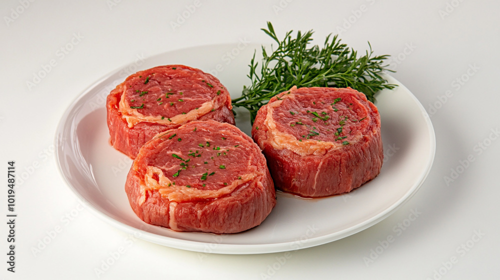 Prime Beef Filet Mignon: Three succulent Filet Mignon steaks, ready for grilling or pan-searing. The rich red meat is adorned with fresh sprigs of dill. Prime Beef Filet Mignon: Three succulent Filet Mignon steaks, ready for grilling or pan-searing. The rich red meat is adorned with fresh sprigs of dill.