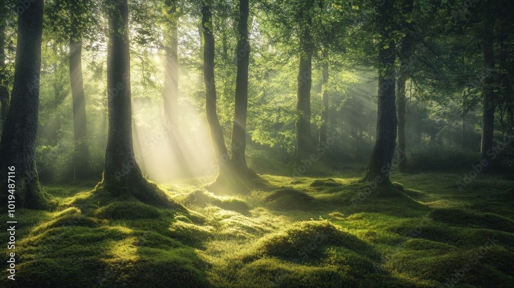 Obraz premium A serene forest scene with sunlight filtering through trees, illuminating lush greenery.