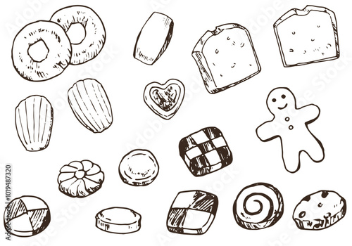 Black and white pen drawing illustration of cookies and baked goods.