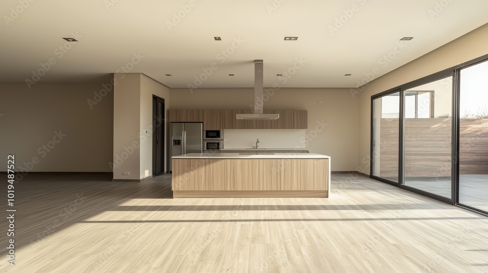 Beautiful Modern Kitchen. An empty modern kitchen with a large island, high-end appliances, and natural light, perfect for real estate or home renovation ads.