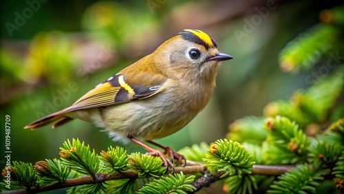 Vibrant Goldcrest Perched on a Branch Surrounded by Lush Green Foliage in Natural Habitat