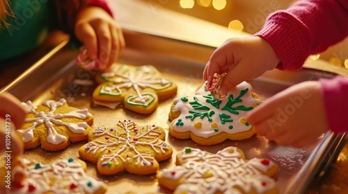  decorating Christmas cookies with intricate designs using colorful icing. A tray of freshly baked cookies cools nearby. The background is a warm, buttery yellow. photo