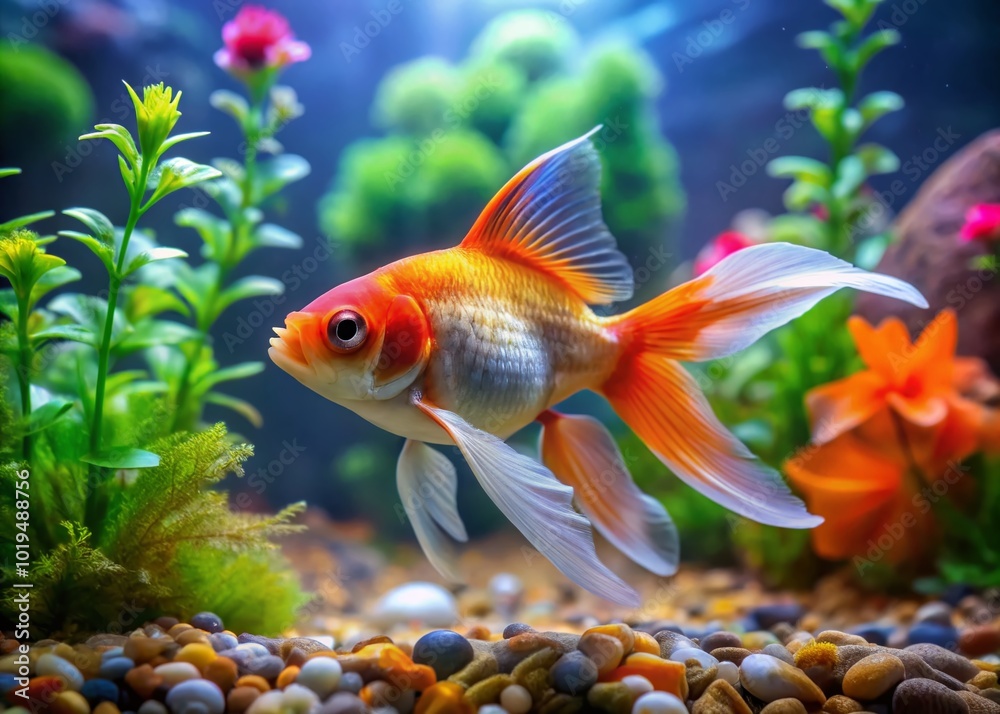 Fototapeta premium Vibrant Goldfish Swimming Gracefully in a Clear Aquarium with Colorful Aquatic Plants and Rocks