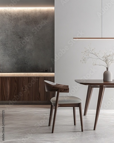 Modern minimalist dining room interior with wooden table, chairs, and concrete wall.