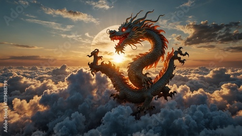 Sculpt the Chinese Dragon God flying in the sky, set against a sea of clouds and sunrise, symbolizing power and auspiciousness. photo