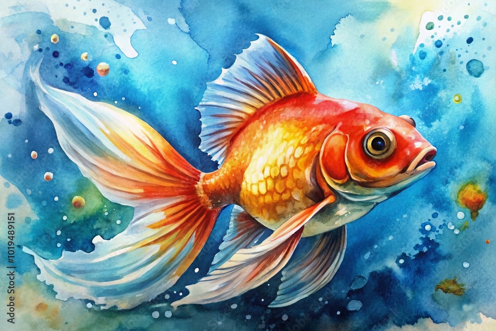 Fototapeta premium Vibrant Goldfish Watercolor Painting with Fluid Brushstrokes and Lively Color Palette for Decor