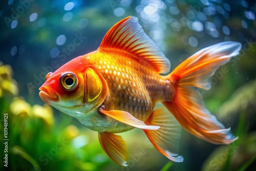 Vibrant Goldfish with Striking Black Eye Swimming Gracefully in a Clear Aquarium Water Background photo