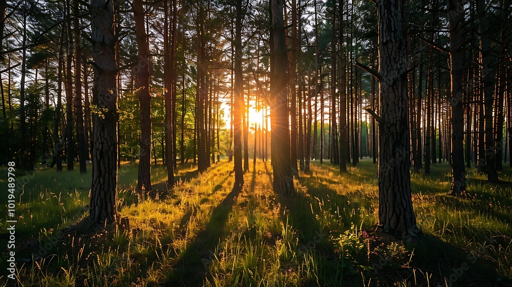 Obraz premium Pine forest in the fog at sunrise. illustration.