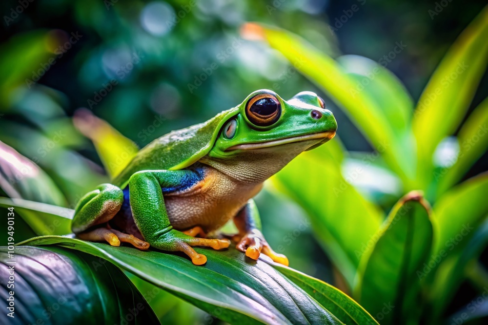 Vibrant Green Frog Sitting on a Leaf Surrounded by Lush Vegetation in a Natural Habitat Setting Vibrant Green Frog Sitting on a Leaf Surrounded by Lush Vegetation in a Natural Habitat Setting