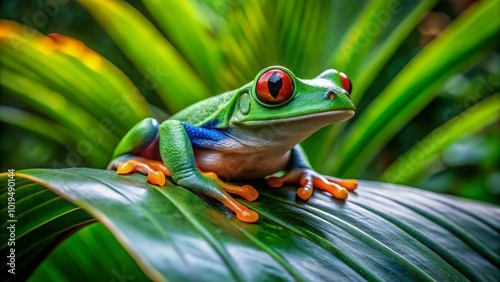 Vibrant Green Frog Sitting on a Leaf Surrounded by Lush Tropical Vegetation in Natural Habitat