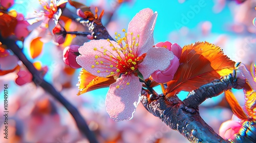 Delicate pink blossoms in spring glisten with dew against vibrant blue sky, showcasing natures beauty and renewal