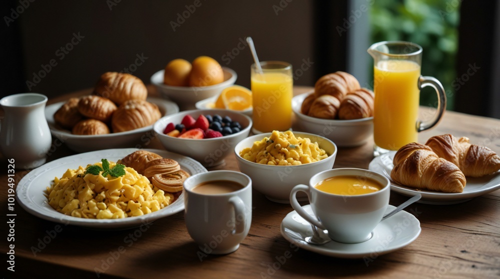 breakfast with coffee and croissant breakfast with coffee and croissant