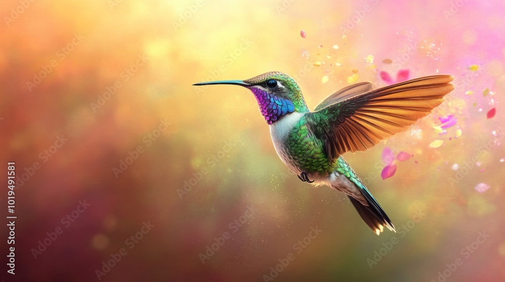 Naklejka premium Hummingbird in Flight with Falling Petals