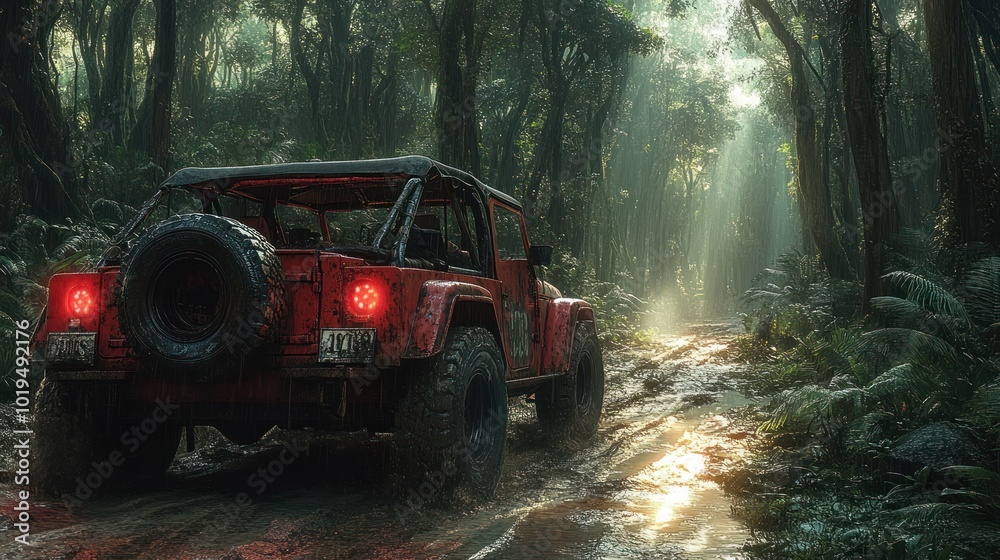 A red off-road vehicle navigating a muddy forest trail. A red off-road vehicle navigating a muddy forest trail.