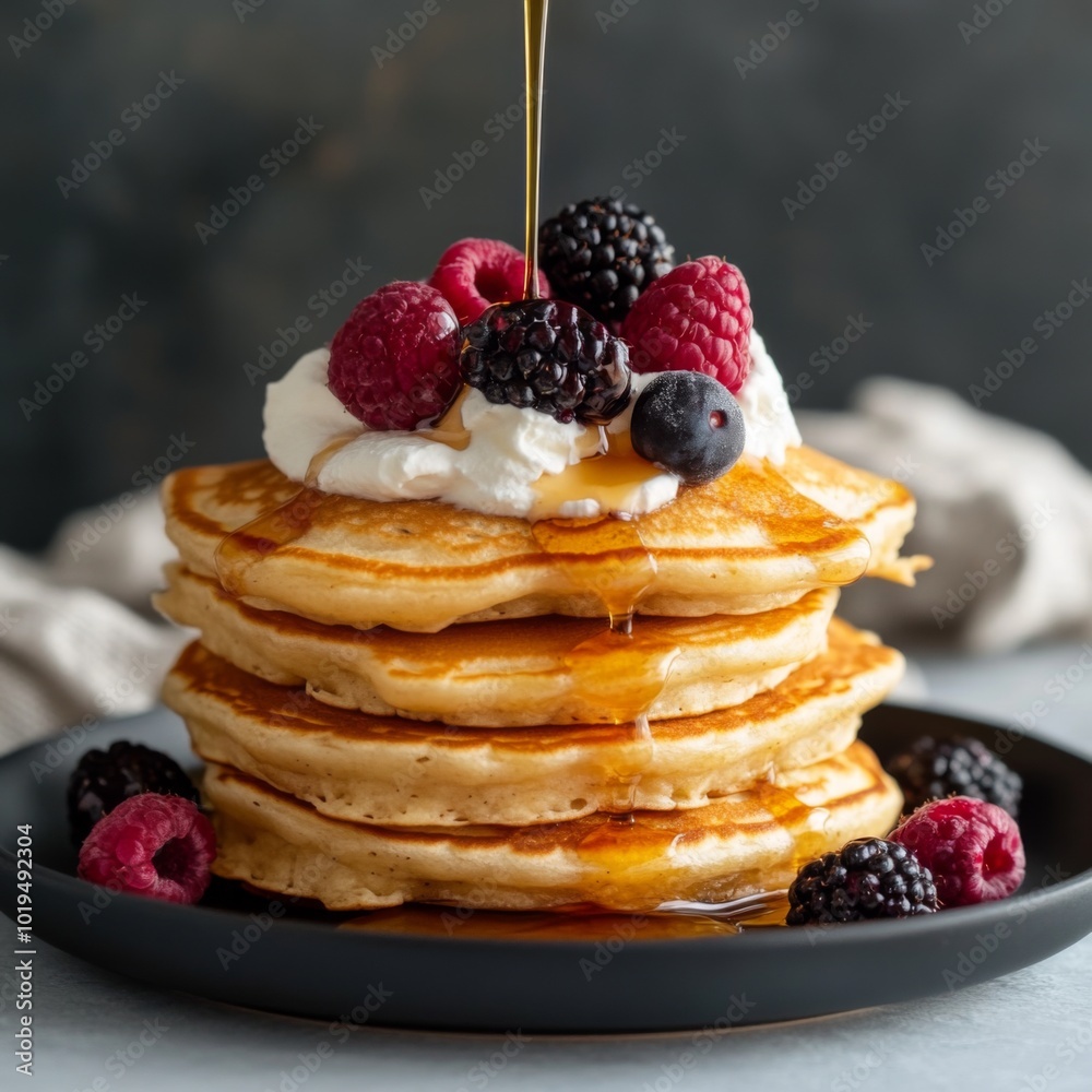 A stack of golden brown pancakes topped with whipped cream, fresh berries and a drizzle of maple syrup. A stack of golden brown pancakes topped with whipped cream, fresh berries and a drizzle of maple syrup.