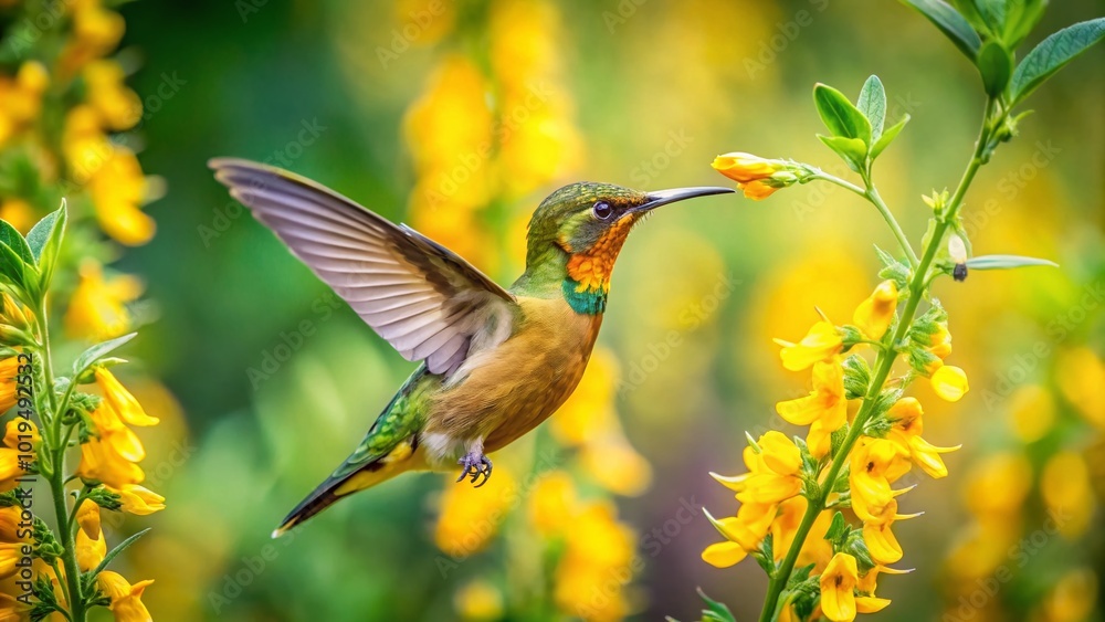 Naklejka premium Vibrant Hummingbird Feeding on Crotalaria Cunninghamii Flowers in a Lush Natural Environment