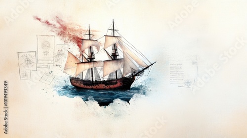 Vintage Ship Illustration with Nautical Elements