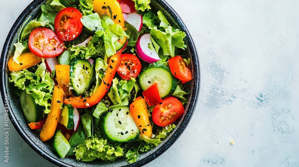Healthy Salad Bowl. An overhead shot of a healthy salad bowl with a variety of colorful vegetables, perfect for health and wellness brand promotions.