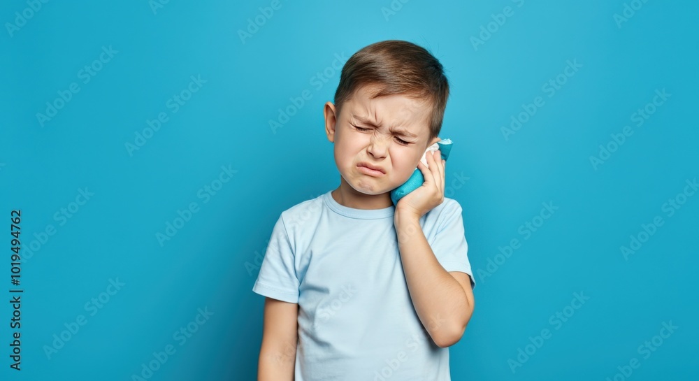 Boy holding ice pack to ear, blue background Boy holding ice pack to ear, blue background