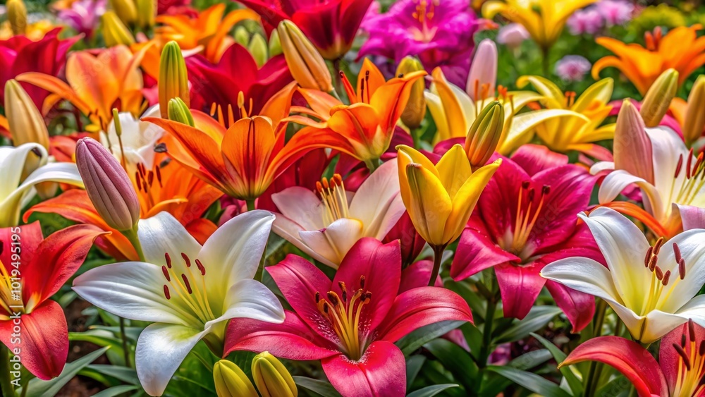 Obraz premium Vibrant Lilies in Bloom: A Stunning Collection of Colorful Flower Photography for Nature Lovers
