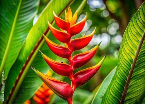 Vibrant Lobster Claw Flower with Striking Red and Yellow Petals Against a Green Tropical Background photo