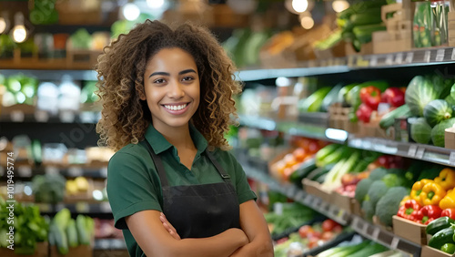 A grocery store employee with curly hair, wearing a green apron, stands confidently with arms crossed in front of a vibrant produce section. The face is obscured for privacy.