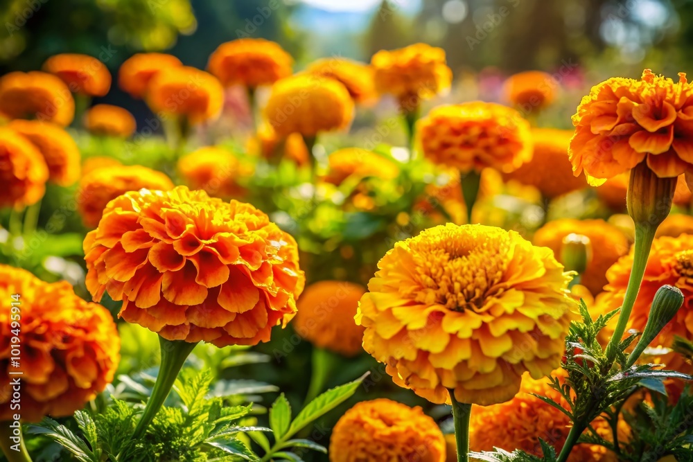 Vibrant Marigold Blossoms in Full Bloom Captured in a Sunlit Garden Setting for Nature Lovers Vibrant Marigold Blossoms in Full Bloom Captured in a Sunlit Garden Setting for Nature Lovers