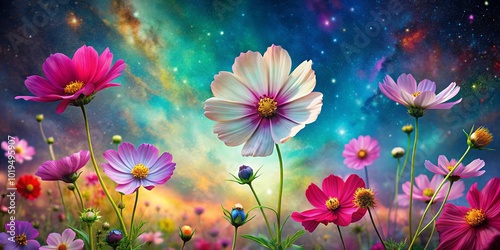 A Field of Delicate Blooms Reaching Towards a Celestial Canvas of Stars and Swirling Hues