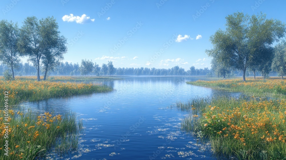 Serene lake surrounded by flowers and trees under a clear blue sky. Serene lake surrounded by flowers and trees under a clear blue sky.
