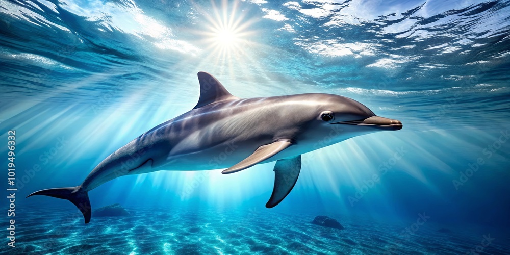 A graceful dolphin glides through the crystal-clear waters, bathed in the warm glow of the sun's rays piercing the surface A graceful dolphin glides through the crystal-clear waters, bathed in the warm glow of the sun's rays piercing the surface