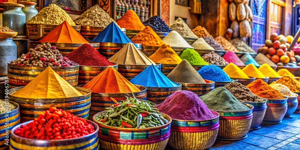 Fototapeta premium Vibrant Moroccan Souk with Colorful Spices, Textiles, and Traditional Handicrafts for Sale